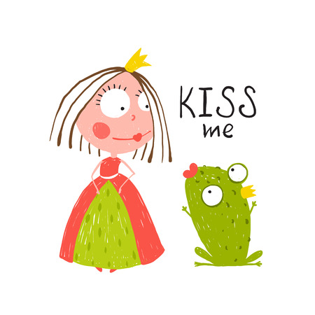 Baby Princess and Frog Asking for Kiss. Kids love story cute and fun colored illustration.のイラスト素材