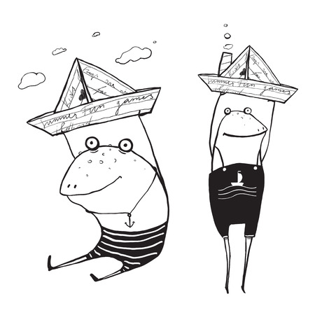 Frog Sailing Toy Paper Boats Outline Drawing. Fun childish hand drawn inky one color outline illustration for kids.のイラスト素材