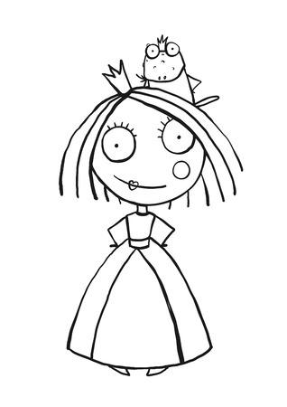 Princess and Prince Frog Portrait Coloring Page. Fun childish hand drawn outline illustration for kids fairy tale.のイラスト素材