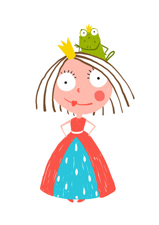 Little Princess Standing with Prince Frog Sitting on Head. Colorful fun childish hand drawn illustration for kids fairy tale.のイラスト素材