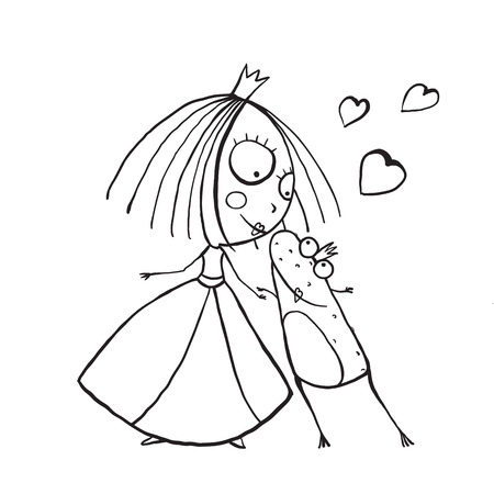 Baby Princess and Prince Frog Kissing Coloring Page. Kids love story cute and fun hand drawn outline illustration.のイラスト素材