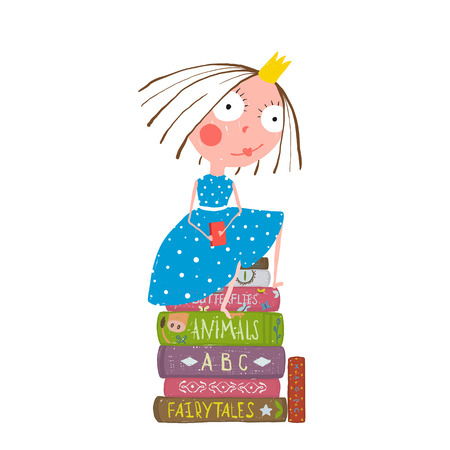 Fairy Tale Clever Princess Sitting on Stack of Books Readingのイラスト素材