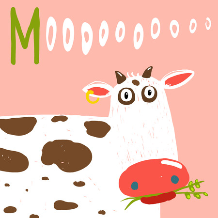 Curious Stupid Cow Eating Grass with Vacant Look. Fun colorful baby animal illustration of a cattle saying moo.のイラスト素材
