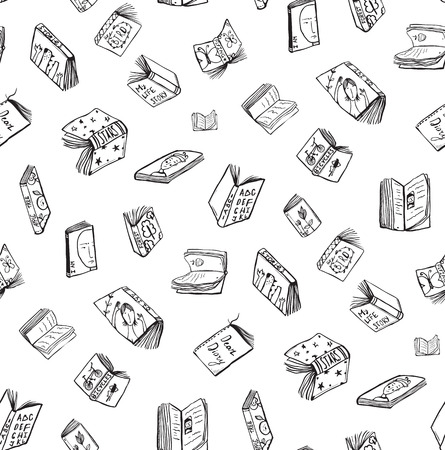Open Books Drawing Seamless Pattern Background. Hand drawn black and white sketch literature covers illustration.のイラスト素材