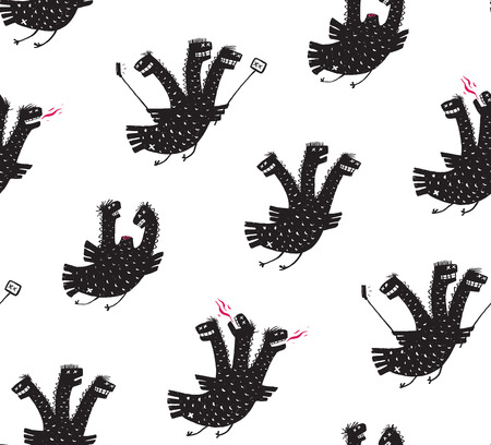 Funny Comic Humorous Seamless Pattern Dragon Hand Drawn Print Design. A humorous smiling monster character black and white illustration. Three headed dragon rough drawing. Vector illustration.のイラスト素材