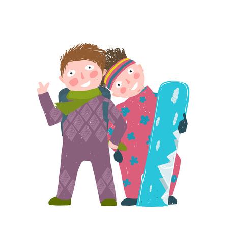 Skiing Sport Child Girl and Boy in Winter Clothes with Snowboard Cartoon. Happy sporty kids couple snowboarding. Colorful kid hand drawn sketchy feel illustration. Vector cartoon.のイラスト素材