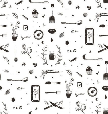 Eat and Drink black and white rustic sketchy decorative tileable illustration. Vector EPS10.のイラスト素材