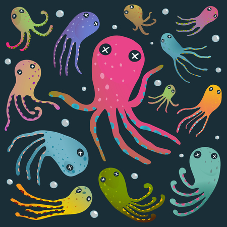 Colorful Octopus Isolated on Black Cartoon Clip Art Collection. Under the sea marine life cute cartoon illustration on dark. Vector EPS10.のイラスト素材