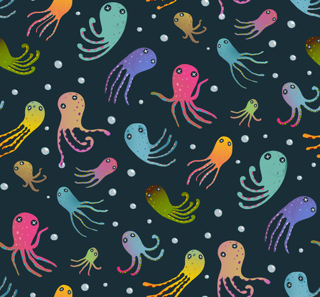 Colorful Kids Cartoon Octopus Dark Seamless Pattern Background. Childish animals cute black and colors backdrop tileable design illustration. Vector EPS10.のイラスト素材