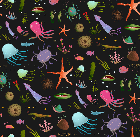 Colorful Kids Cartoon Sea Life Seamless Pattern Background on Black. Childish underwater animals cute dark backdrop tileable design illustration. Vector EPS10.のイラスト素材