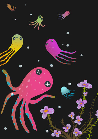 Colorful Octopus on Black Cartoon Greeting Card Design. Under the sea deep and dark marine life cute cartoon illustration. Vector EPS10.のイラスト素材