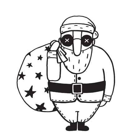 Santa Claus in Glasses Outline Flat Cartoon Illustration. Santa with sack gift linear flat disign. Vector illustrationのイラスト素材