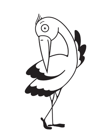 Stork Flat Outline Design Character Drawing. Stork flat linear design. Mascot bird, linear animal, newborn delivery, vector illustrationのイラスト素材