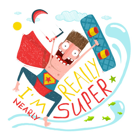Kitesurfing caricature character happy jump. Hero funny humor illustration, kite and board.のイラスト素材