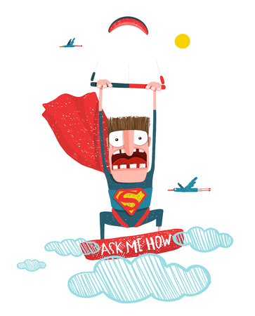 Scared kiteboarding superhero cartoon in costume with kite. Caricature kite surfing.のイラスト素材