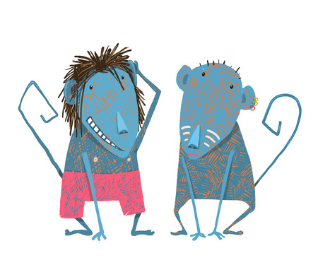 Comical monkeys . Male and female in love, cartoon ape, illustrationのイラスト素材