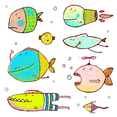 Funny humor cartoon hand drawn brightly colored fish set. Pencil style. vector has no background color.のイラスト素材