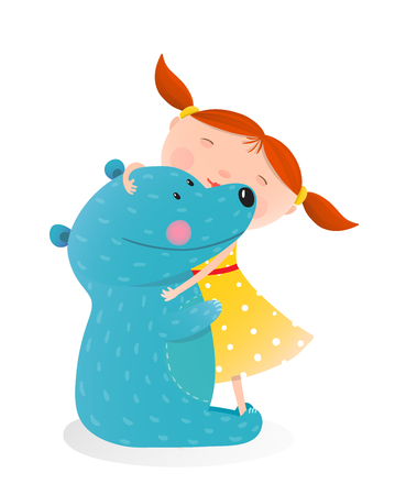 Little girl embracing bear. Child with toy teddy, cheerful and smile kid. illustrationのイラスト素材