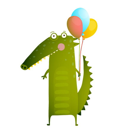 Kids Watercolor Style Crocodile with Balloons Colorful Cartoon. Happy fun watercolor style animal congratulation for children cartoon illustration. Vector drawing.のイラスト素材