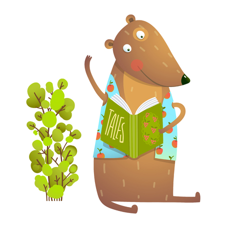 Baby Teddy Bear Character Reading Book Learning. Bear cub cute sitting studying and learning adorable animal illustration. Vector illustration.のイラスト素材