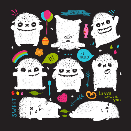 Sweet kids playful fictional hand drawn characters post card designer set with colorful items. Vector illustration.のイラスト素材