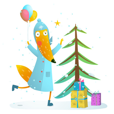 Seasonal animal cute childish greeting card cartoon with fur tree and cute fox. Vector illustration.のイラスト素材