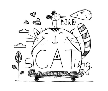 Fun animals kitten and birdie on skateboard playing. Vector illustration.のイラスト素材