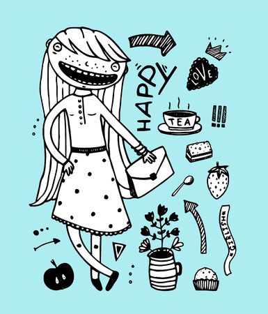 Girlish style cartoon of teenager kid and signs symbols collection freehand doodle drawing. Vector illustration.のイラスト素材