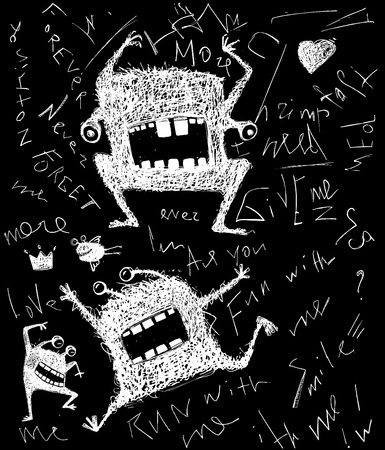 Hairy freaky creature monster monochrome scribble cartoon on blackのイラスト素材