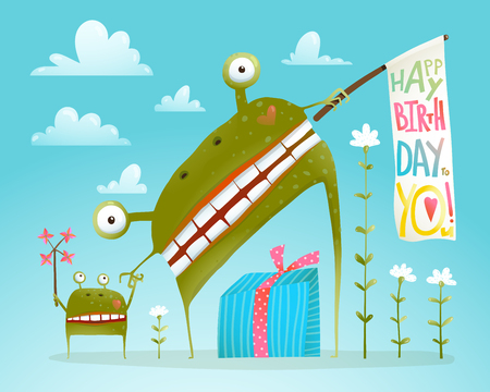 Monster Parent and Child Happy Birthday Greeting Card on Blueのイラスト素材