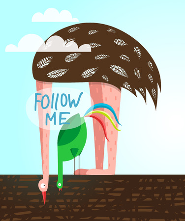 Funny Birds Ostrich and Rooster Follow Me Labelのイラスト素材