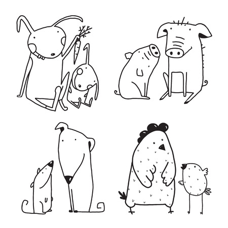 Baby Animals and pets kids and parents outline clip art collection for design. Vector cartoon.のイラスト素材