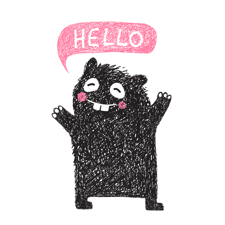 Kids Hand Drawn Black Monster say Helloのイラスト素材