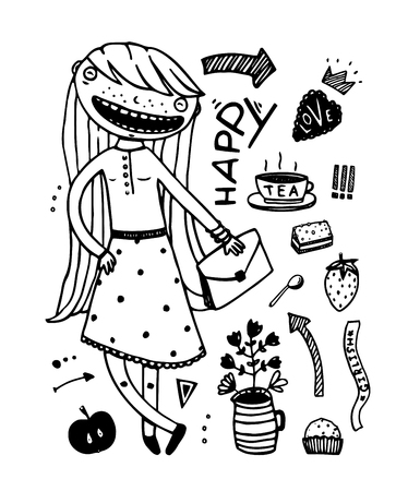 Girlish Fashion Cartoon design outline elementsのイラスト素材