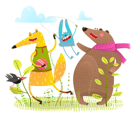 Fox Bear Rabbit Crow Playing on the playground.のイラスト素材