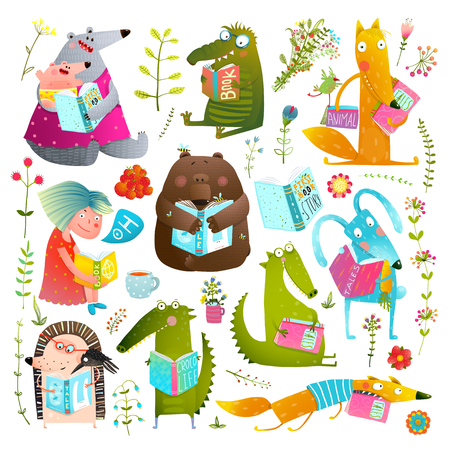 Funny Animal Kids Studying Reading Books Collectionのイラスト素材