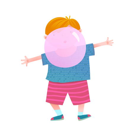 Funny little boy blowing a bubble from chewing gum colorful cartoon. Vector illustration.の写真素材