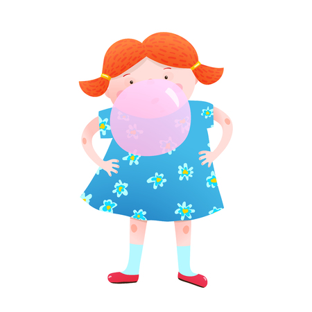 Fun little girl blowing a bubble from chewing gum colorful cartoon. Vector illustration.の写真素材