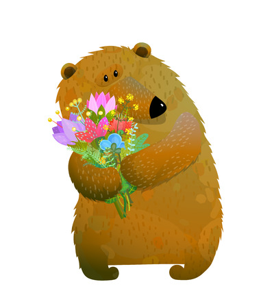 Isolated wild bear with flowers. Vector illustration.の写真素材