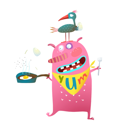 Fun cartoon of birdie and and a hunger monster.Vector illustration.の写真素材