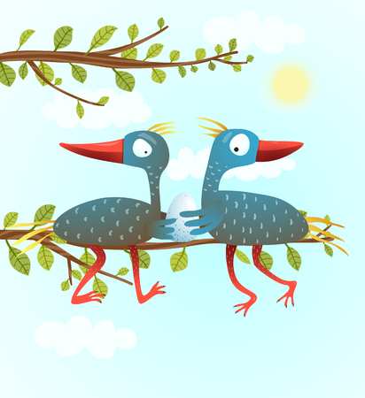 Happy parenting birdies sitting on the branch. Vector illustration.の写真素材