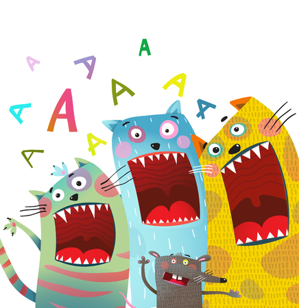 Cats and rat song singing mouth open. Vector illustration.の写真素材
