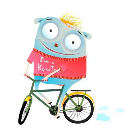 Funny cartoon of kids monster and bicycle. Vector illustration.の写真素材