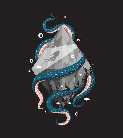 Underwater world concept on dark background vector illustration.のイラスト素材