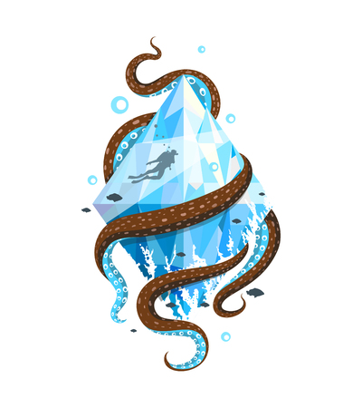Undewater diving recreation activity and sport, rhombus and tentacles illustration.のイラスト素材
