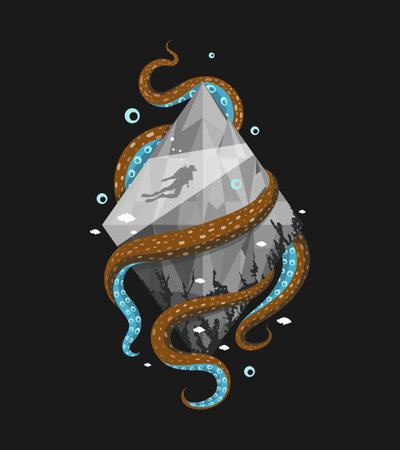 Diver silhouette in the crystal with octopus on black background.のイラスト素材