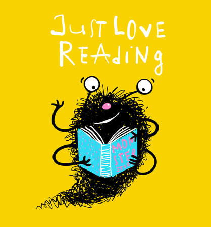 Happy imaginary personage love reading. Vector educational cartoon.のイラスト素材
