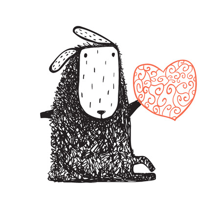 Cute sheep with red heart hand drawn cartoon. Vector illustration.の写真素材
