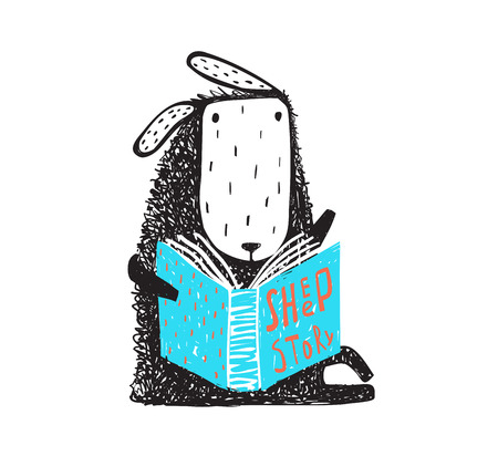 Adorable animal reading. Hand drawn doodle cartoon. Vector illustration.の写真素材