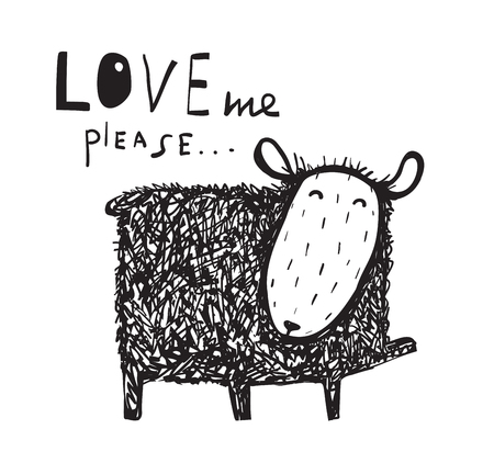 Love me says the sheep sign. Cute hand drawn illustration. Vector cartoon.の写真素材